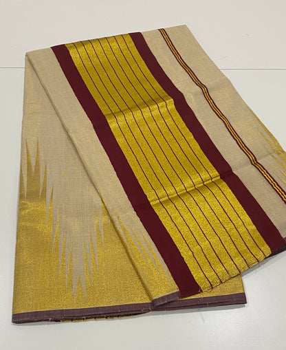 Premium Temple Border Tissue Onam Saree – Maroon & Gold Edition