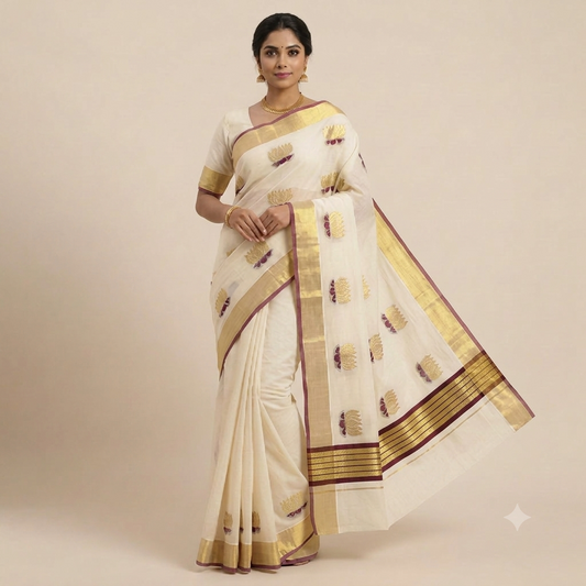 Kerala Onam Saree with Maroon & Gold Border and Lotus Motifs