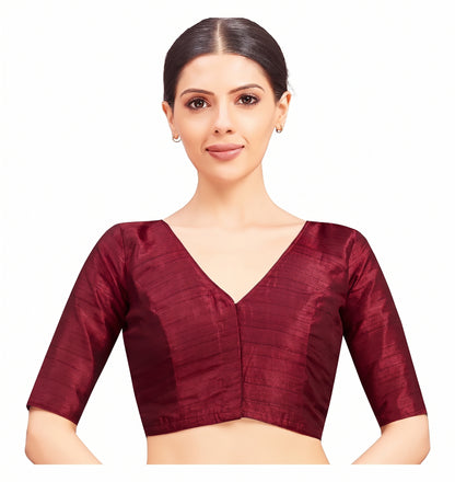 Maroon Raw Silk Readymade Blouse - V Neck Elbow Sleeves