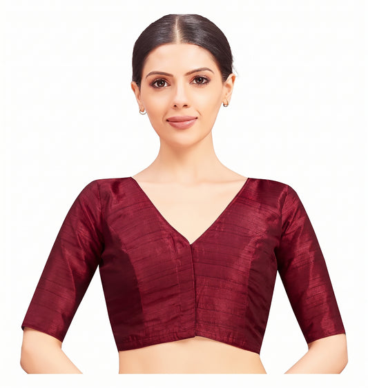 Maroon Raw Silk Readymade Blouse - V Neck Elbow Sleeves