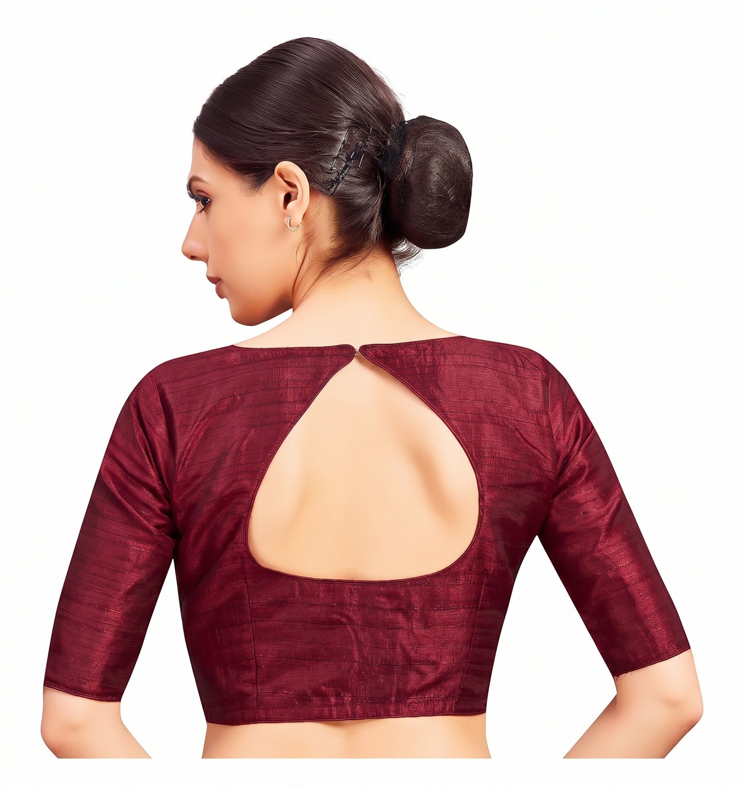 Maroon Raw Silk Readymade Blouse - V Neck Elbow Sleeves