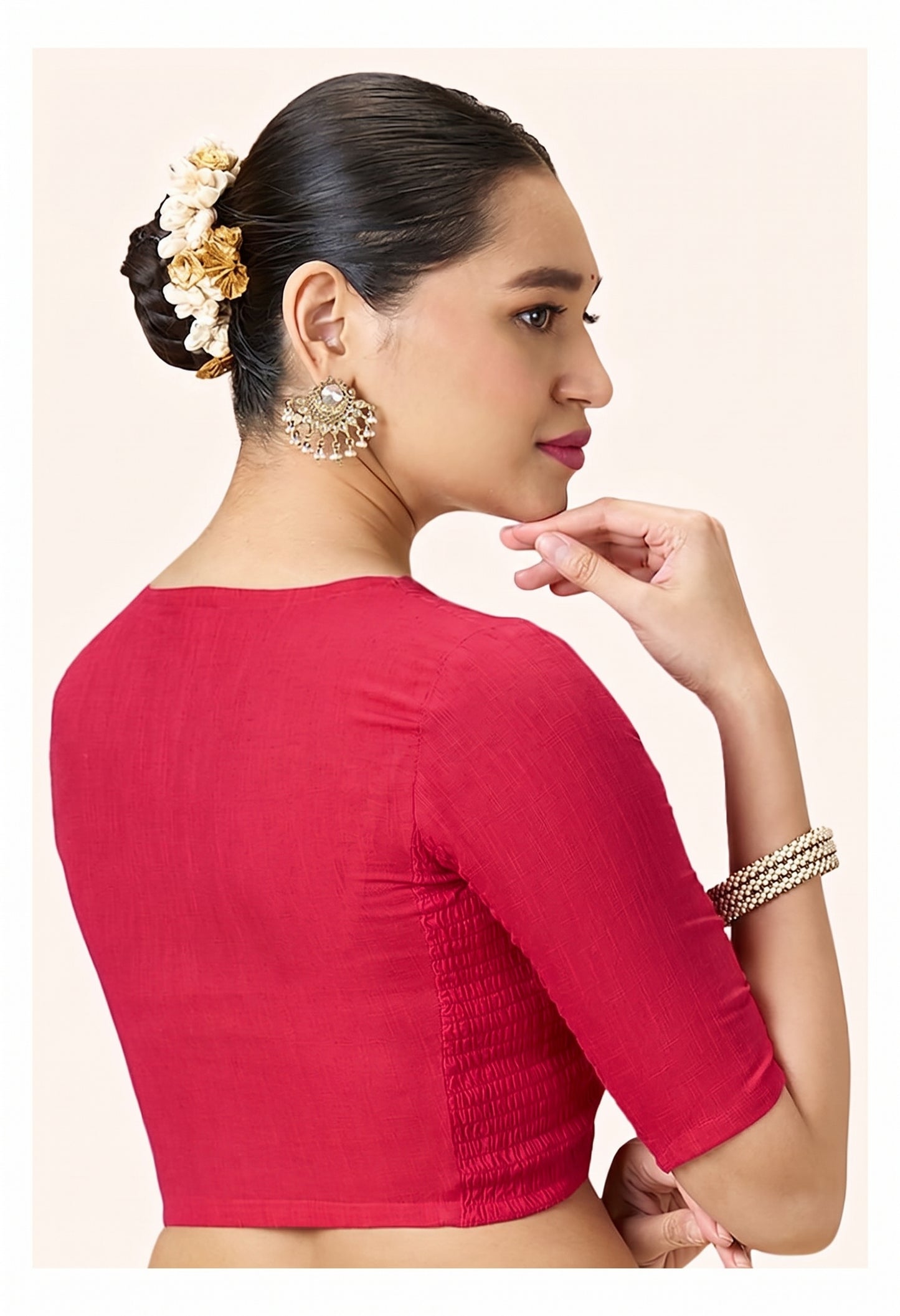 Pink Cotton Smocked Ready-Made Saree Blouse - V Neck with Elbow Sleeves