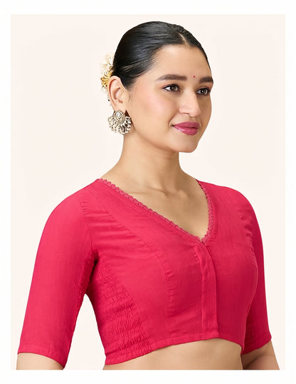 Pink Cotton Smocked Ready-Made Saree Blouse - V Neck with Elbow Sleeves