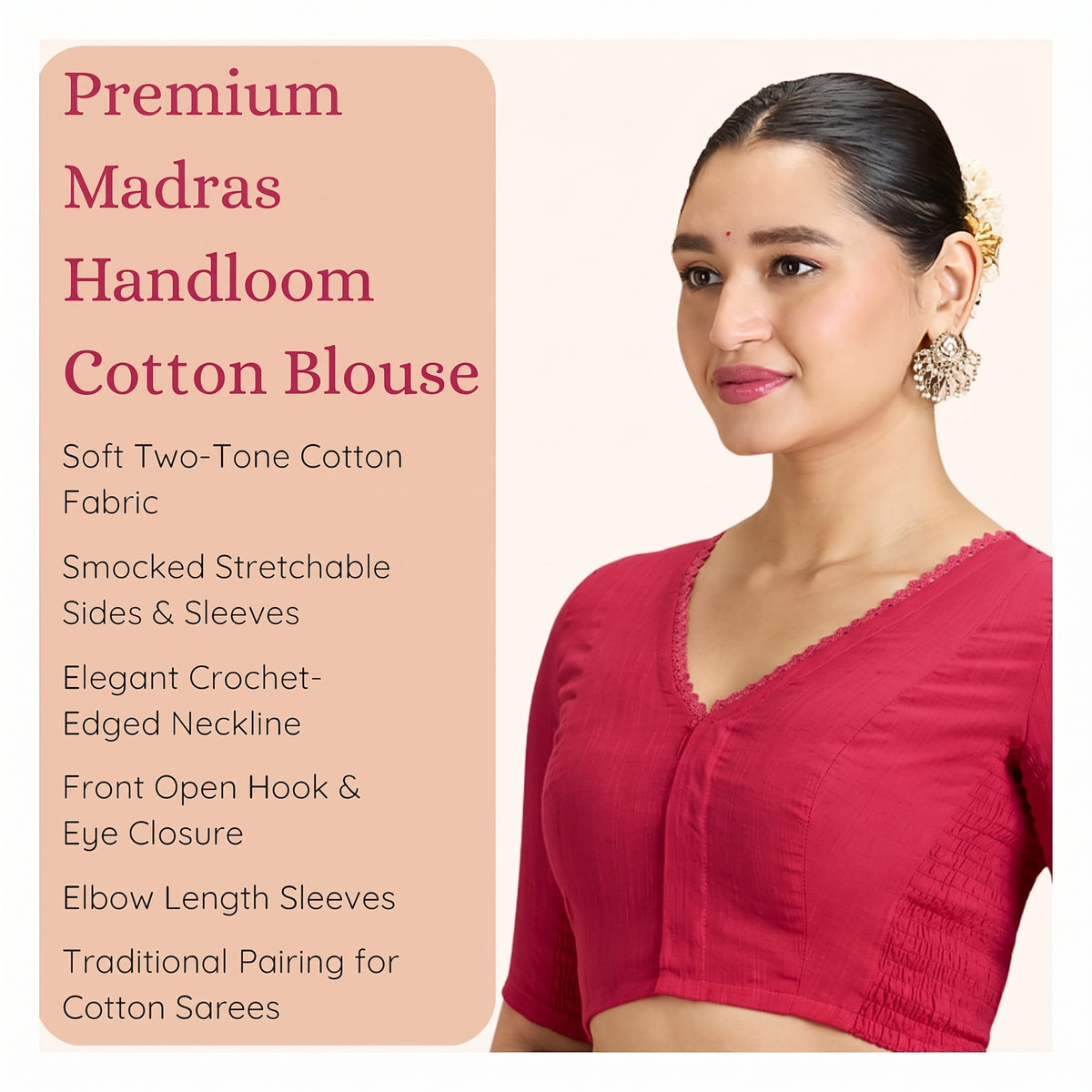 Pink Cotton Smocked Ready-Made Saree Blouse - V Neck with Elbow Sleeves