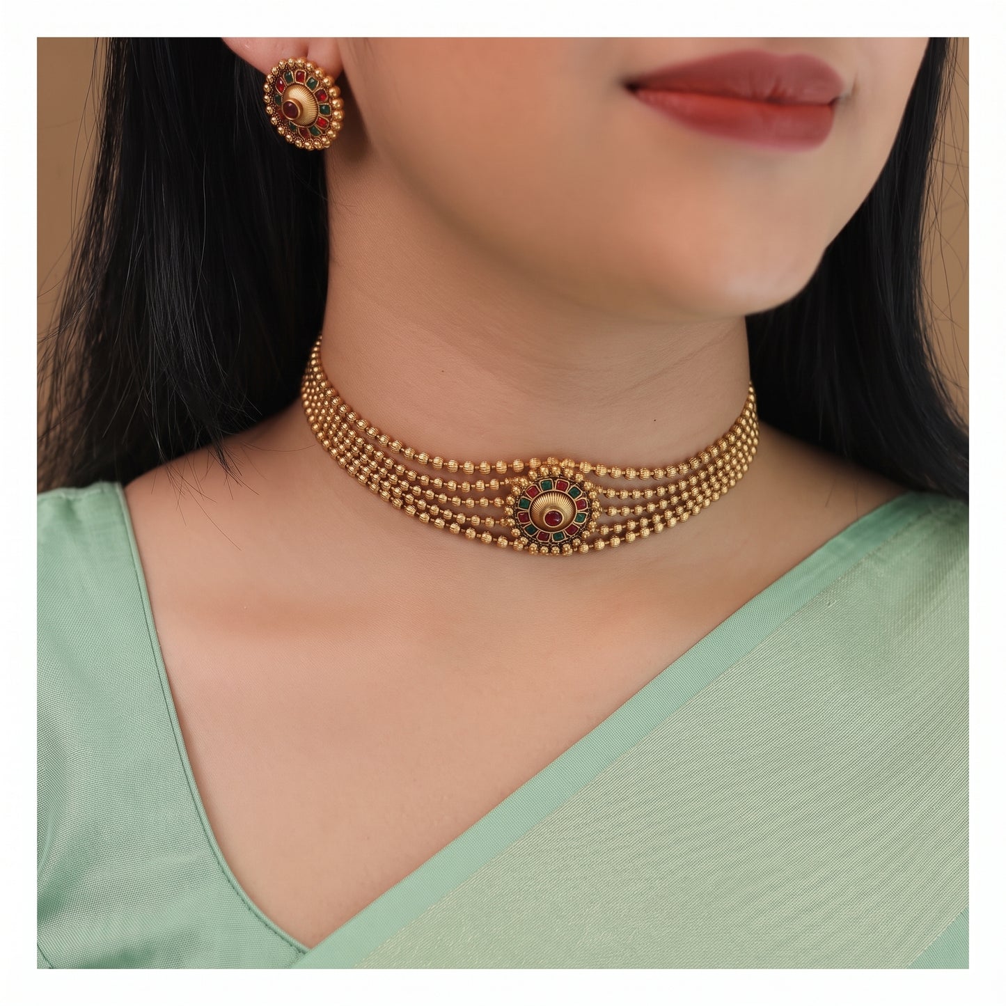 Golden Ball 5 Layer Choker Set with Studs - Tourmaline + Green