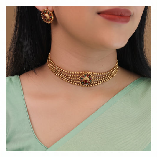 Golden Ball 5 Layer Choker Set with Studs - Tourmaline + Green