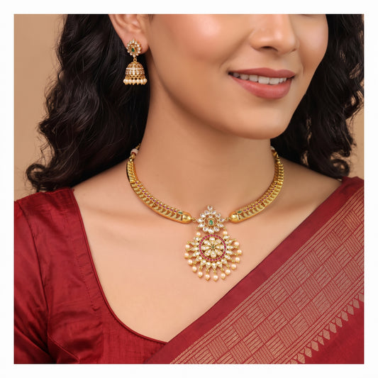 AD Stone Wing Pearl Flower Short Neckpiece Set with Earrings - Gold-Toned