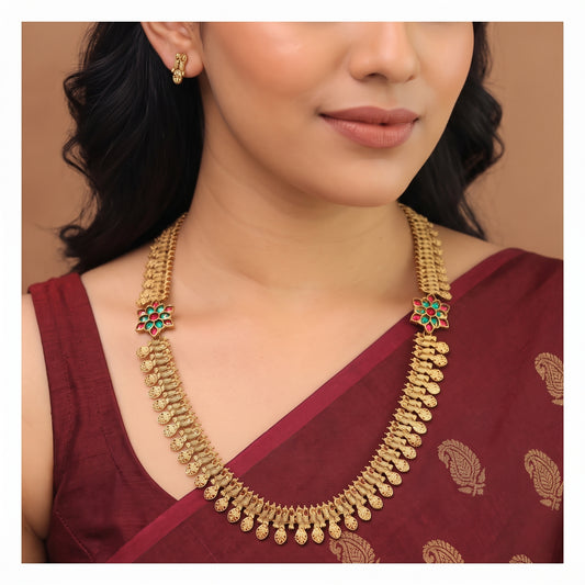 Dual Flower Mayura Long Haram Set with Studs - Antique Gold-Toned