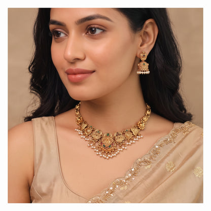 Floral Leaf Pearl Short Neckpiece Set with Earrings - Antique Gold-Toned
