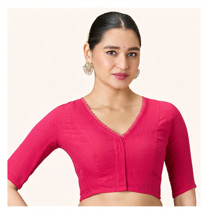 Pink Cotton Smocked Ready-Made Saree Blouse - V Neck with Elbow Sleeves
