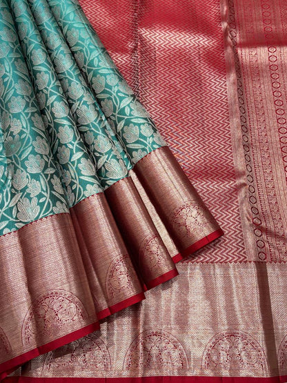 Handloom Kanchipuram Silk Saree – Teal & Red with Antique Zari Border