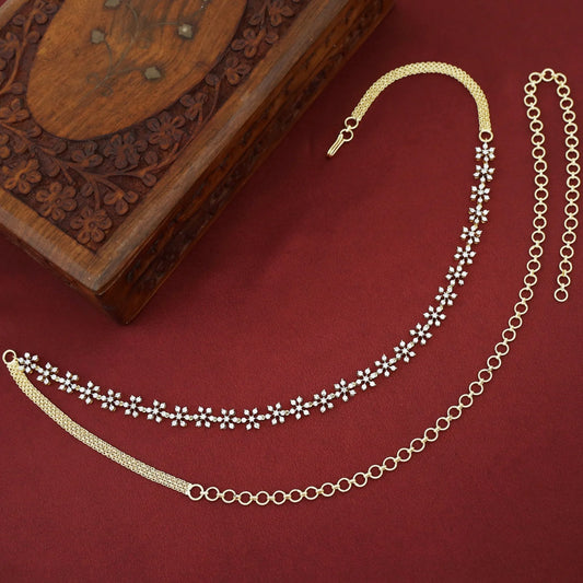 Gold-Toned Floral AD Stone Adjustable Hip Chain