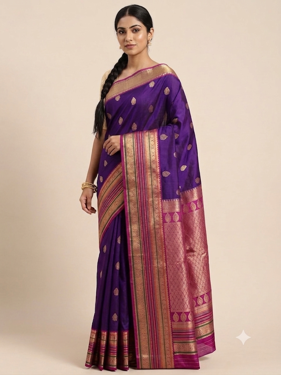 Powerloom Pure Soft Kanchipuram Silk Saree – Royal Purple with Magenta Pallu & Silk Mark Certificate