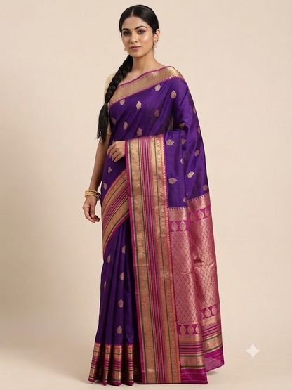 Powerloom Pure Soft Kanchipuram Silk Saree – Royal Purple with Magenta Pallu & Silk Mark Certificate