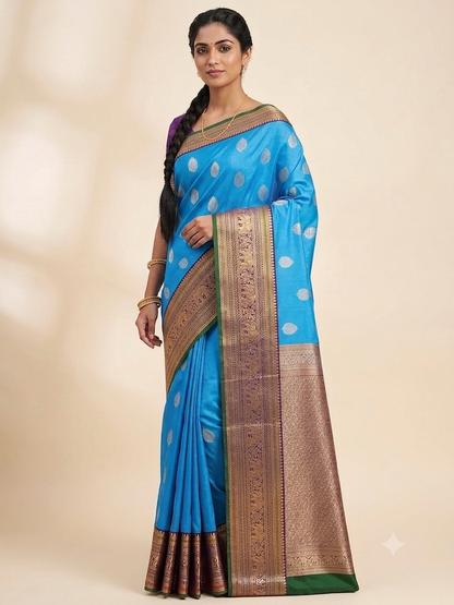 Blue Kanchipuram Pure Silk Saree with Zari Butta & Elephant Border – Handwoven & Silk Mark Certified
