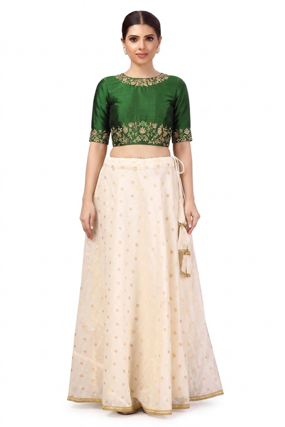Polyester Chanderi Silk Long Skirt Lehenga - Cream - Free Size