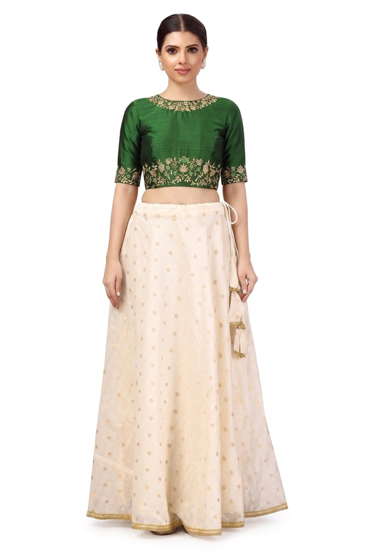 Polyester Chanderi Silk Long Skirt Lehenga - Cream - Free Size