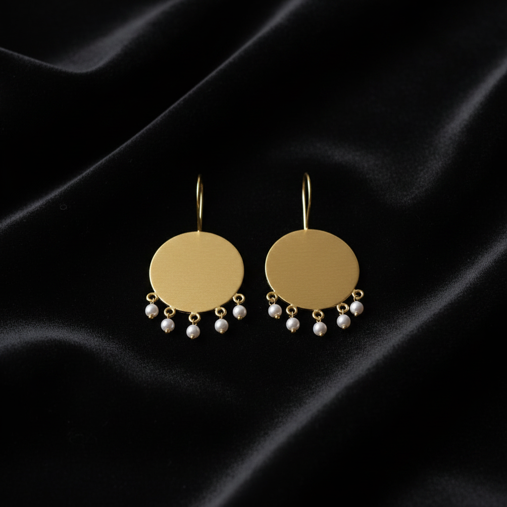Drop Earrings - Gold Tone Circle Disc with Pearl Detail