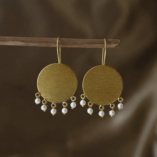 Drop Earrings - Gold Tone Circle Disc with Pearl Detail