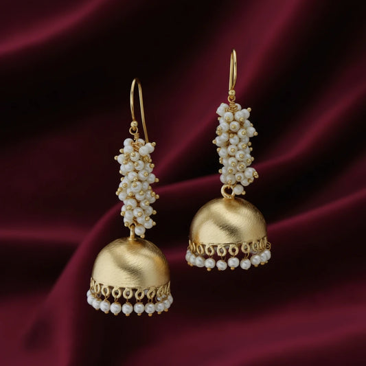 Jhumka Earrings - Gold Tone with Pearl Cluster Drop