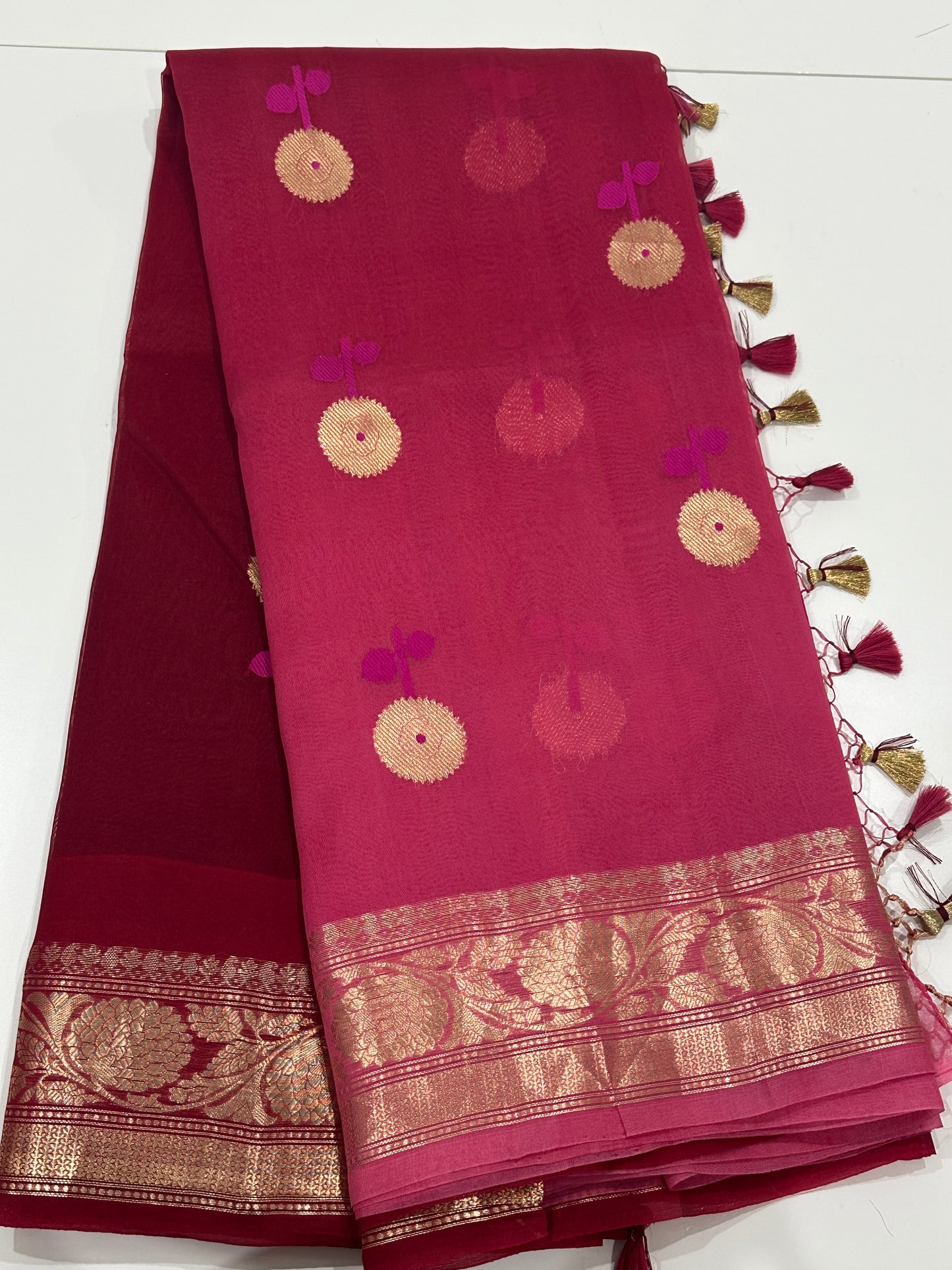 Pink to Maroon Ombré Pure Kora Silk Saree with Floral Buttas
