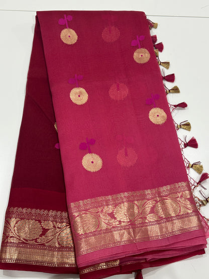 Pink to Maroon Ombré Pure Kora Silk Saree with Floral Buttas