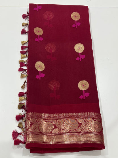 Pink to Maroon Ombré Pure Kora Silk Saree with Floral Buttas