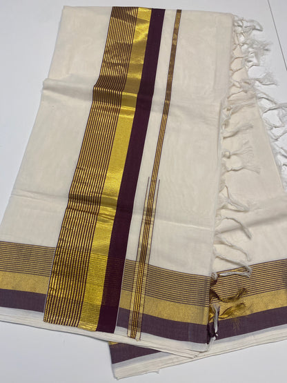 Handloom Kerala Set Saree for Onam with Gold and Purple Zari