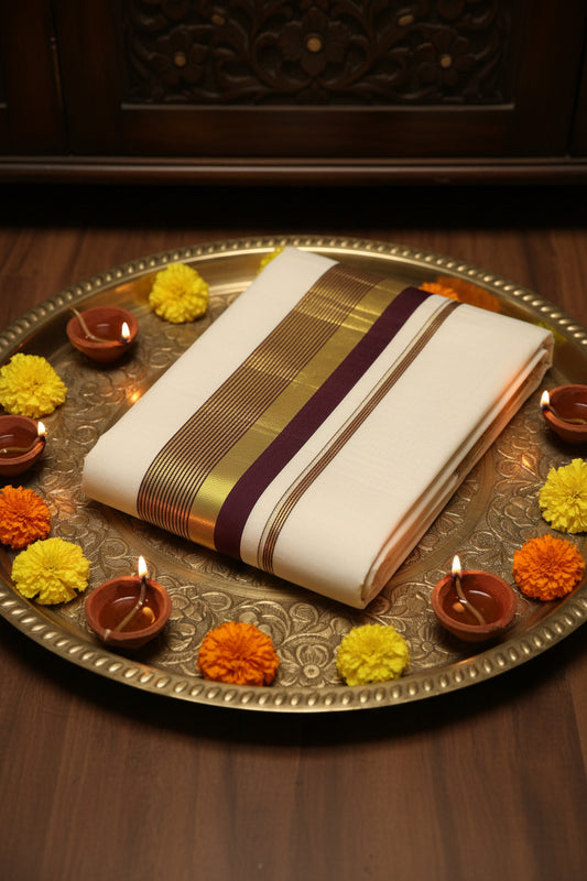 Handloom Kerala Set Saree for Onam with Gold and Purple Zari