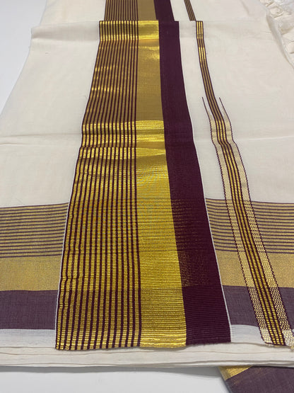 Handloom Kerala Set Saree for Onam with Gold and Purple Zari