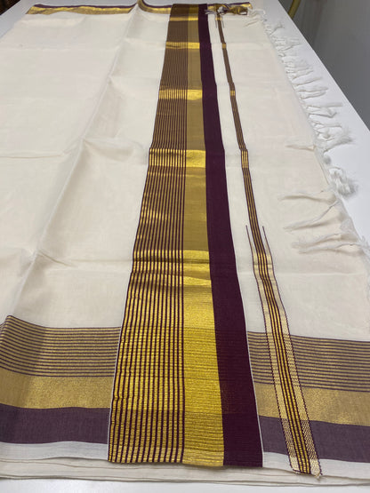 Handloom Kerala Set Saree for Onam with Gold and Purple Zari