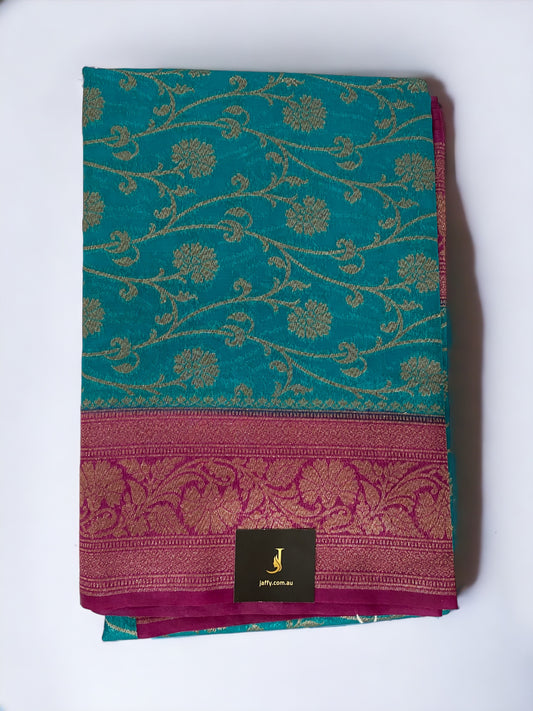 Banarasi Semi Georgette Saree With Antique Zari Weaving | Teal And Purple