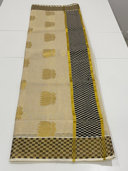 Premium Lotus Tissue Onam Saree with Black & Gold Border
