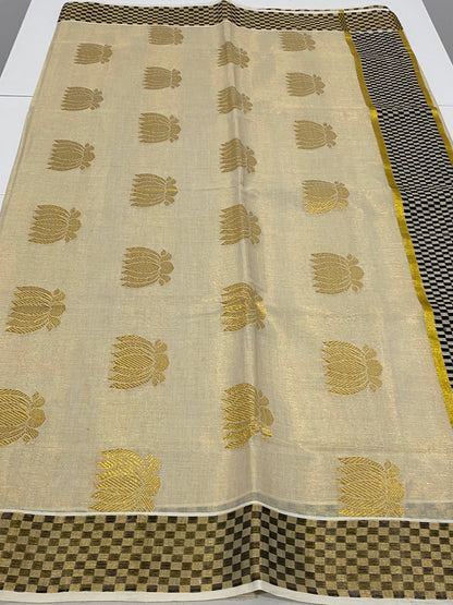 Premium Lotus Tissue Onam Saree with Black & Gold Border