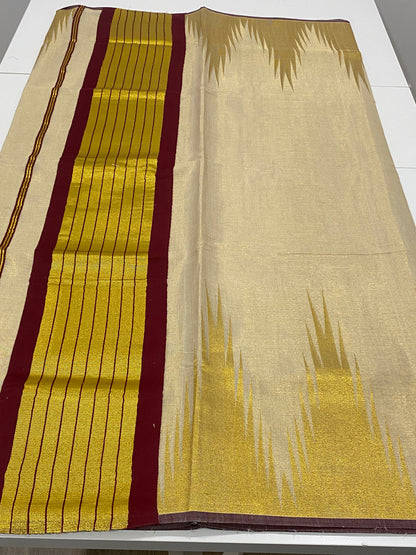 Premium Temple Border Tissue Onam Saree – Maroon & Gold Edition