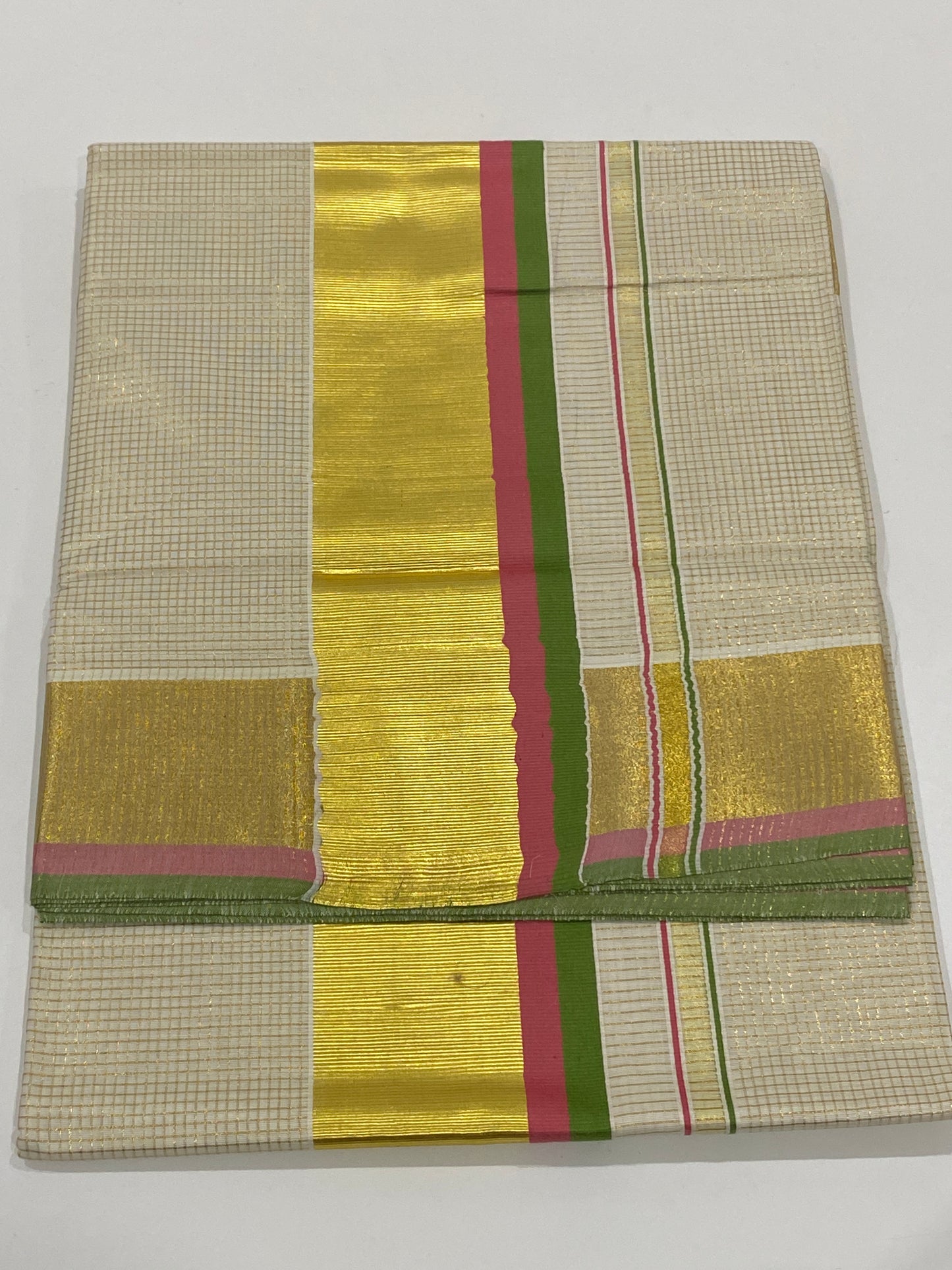 Onam Saree - Off White with Gold, Pink & Olive Green Border