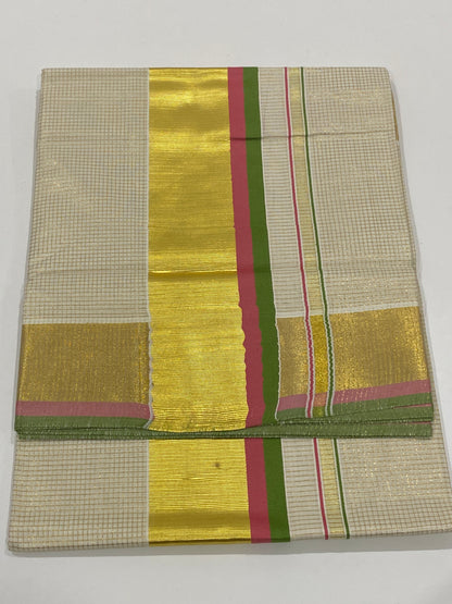 Onam Saree - Off White with Gold, Pink & Olive Green Border