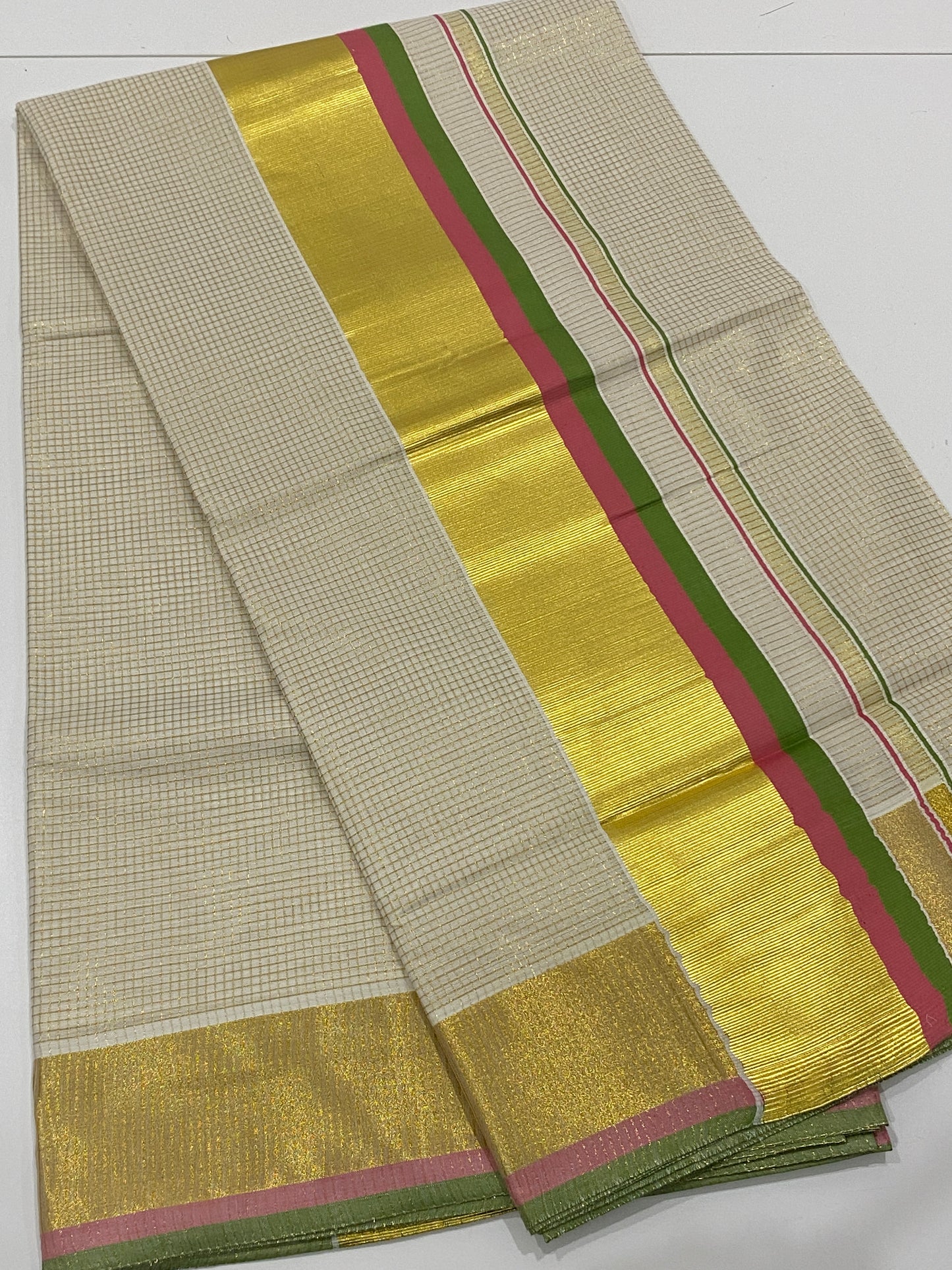 Onam Saree - Off White with Gold, Pink & Olive Green Border
