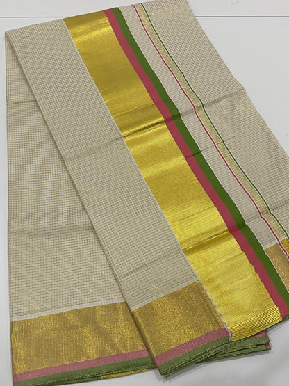 Onam Saree - Off White with Gold, Pink & Olive Green Border