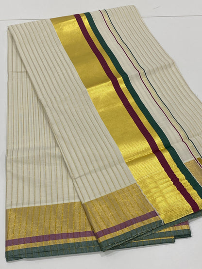 Onam Cotton Saree in Off-White with Golden Stripes and Green Wine Pallu Lines
