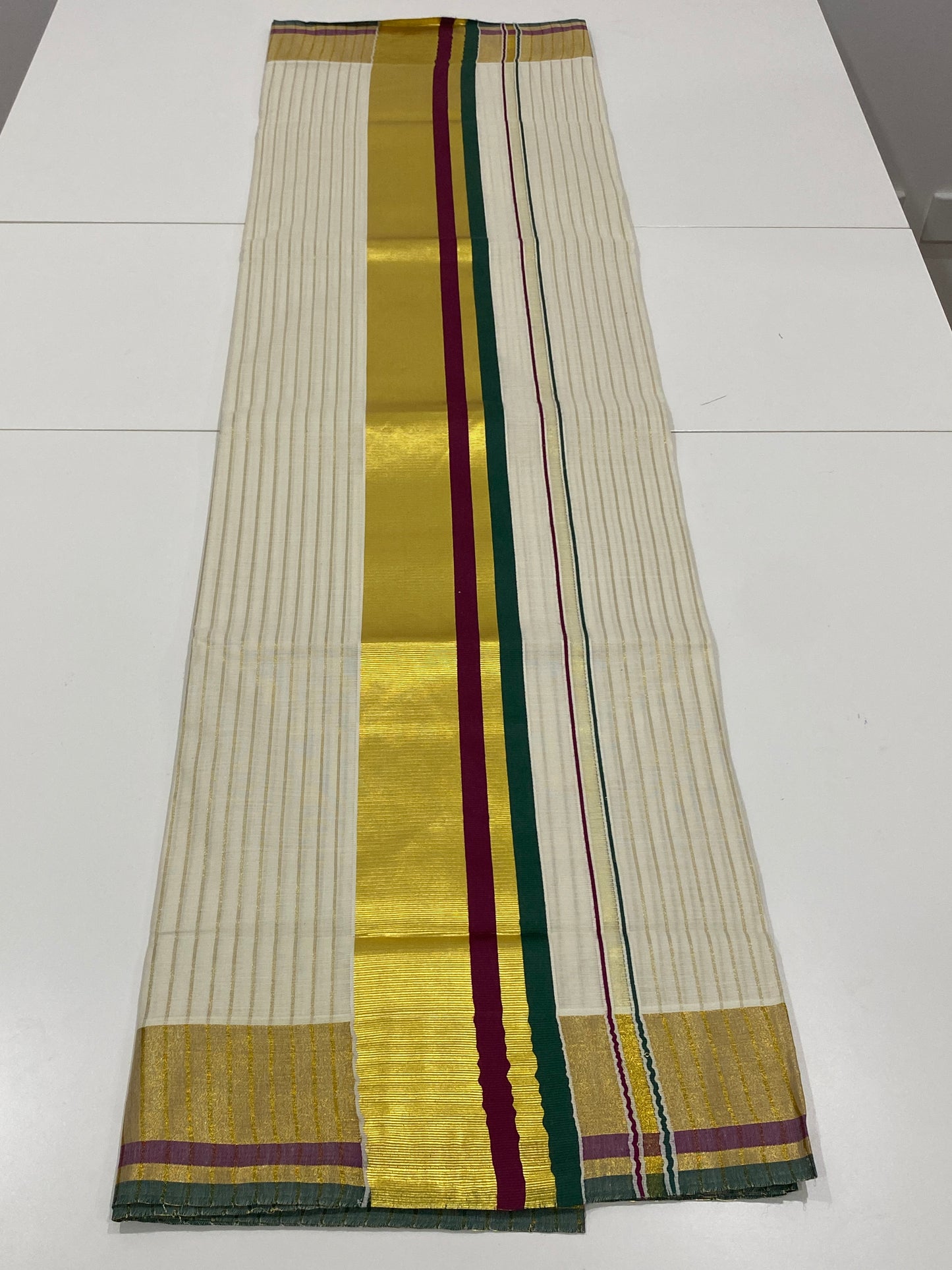 Onam Cotton Saree in Off-White with Golden Stripes and Green Wine Pallu Lines