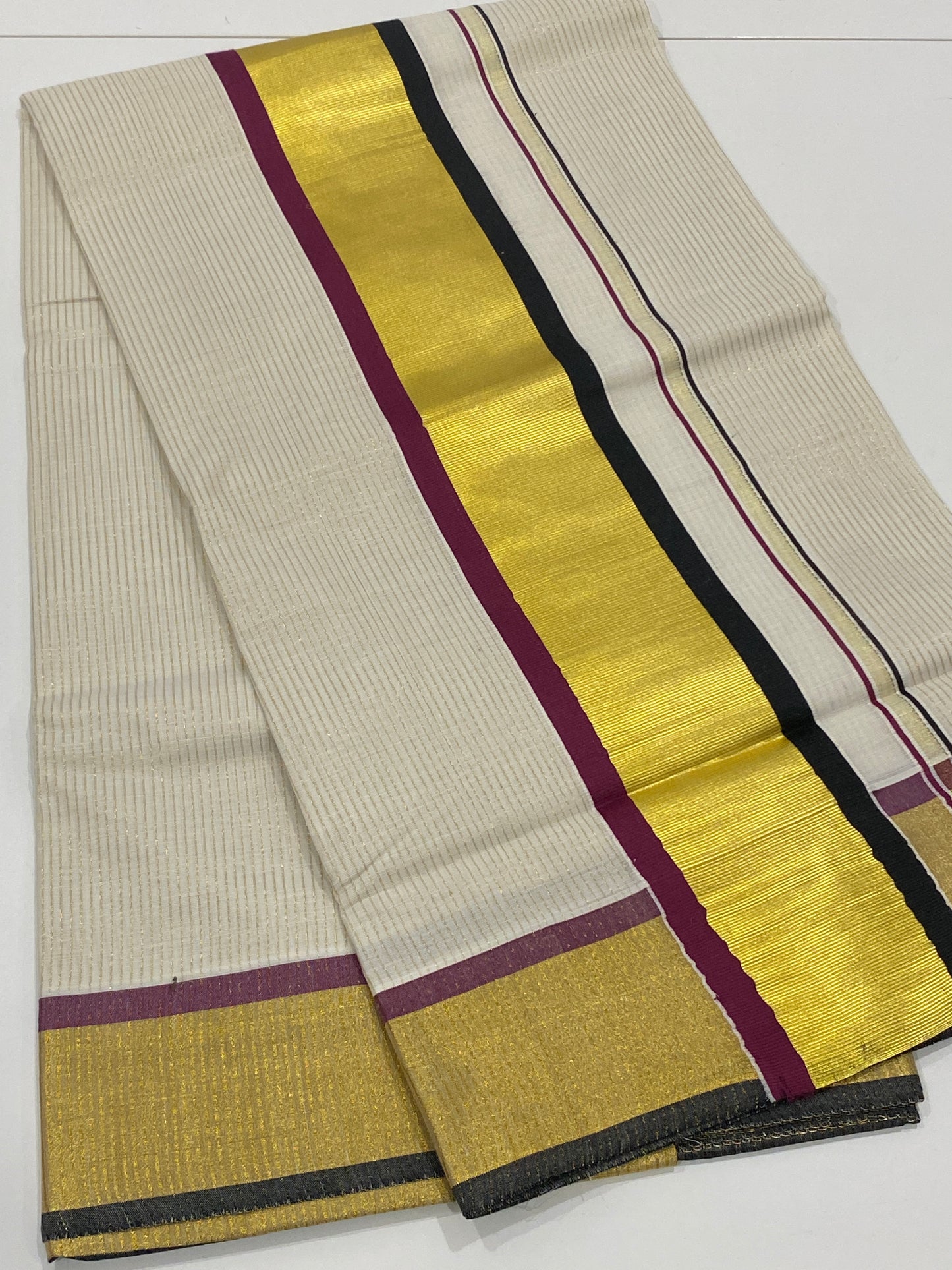 Onam Cotton Saree - Off White with Thin Stripes & Black, Gold and Wine Border