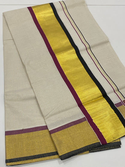 Onam Cotton Saree - Off White with Thin Stripes & Black, Gold and Wine Border