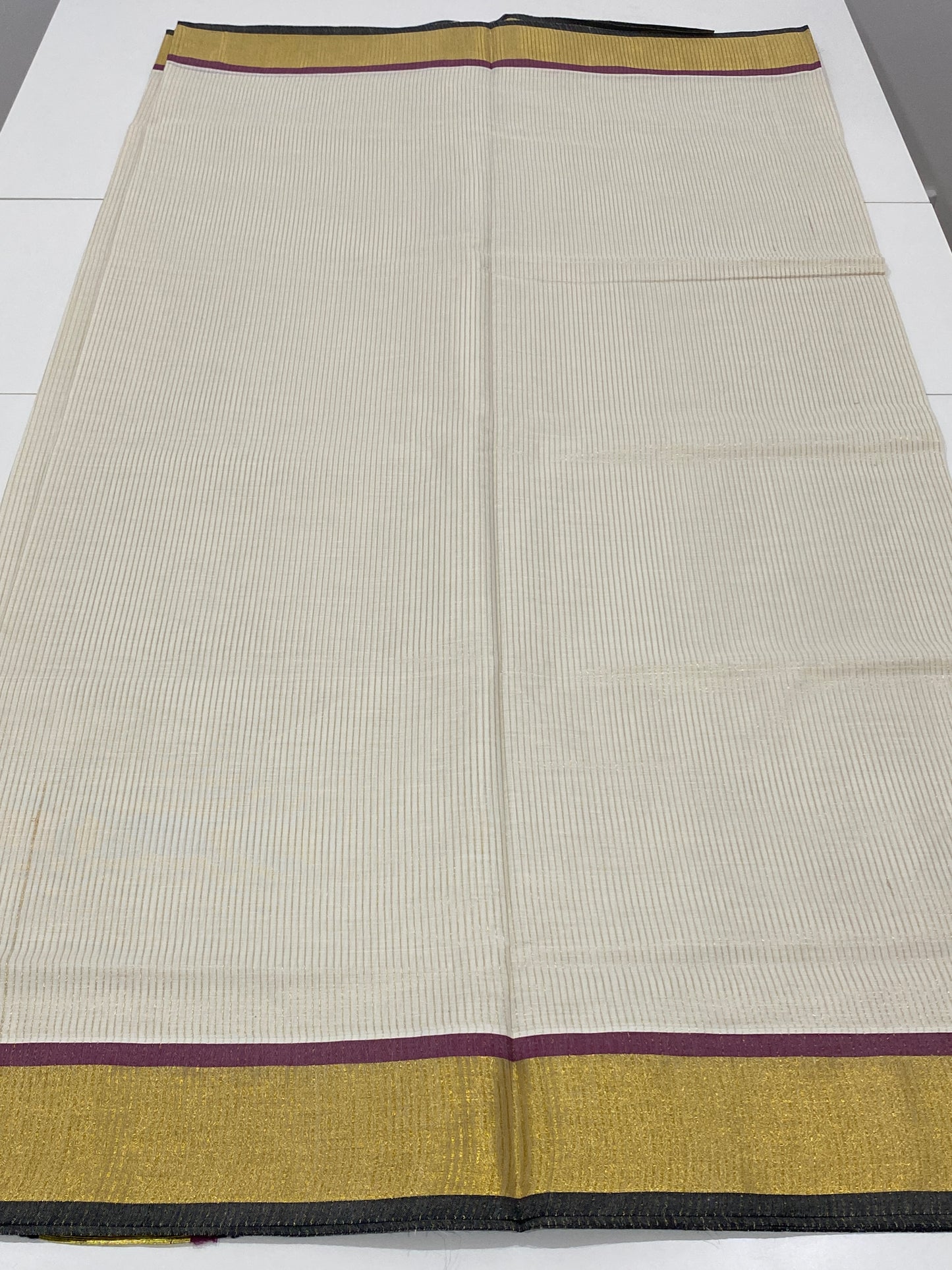 Onam Cotton Saree - Off White with Thin Stripes & Black, Gold and Wine Border