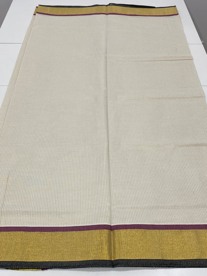 Onam Cotton Saree - Off White with Thin Stripes & Black, Gold and Wine Border