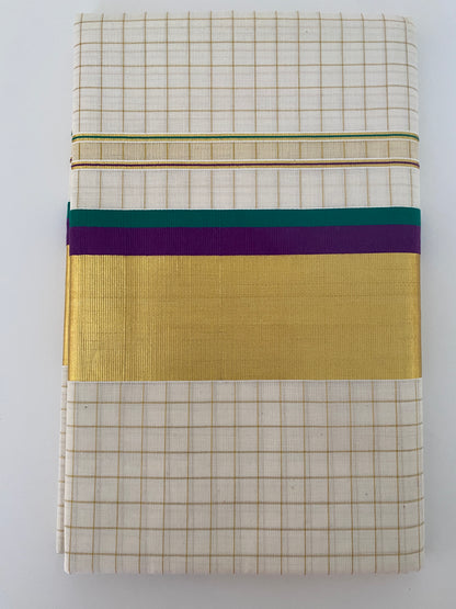 Kerala Onam Set Saree with Violet, Green, and Gold Border