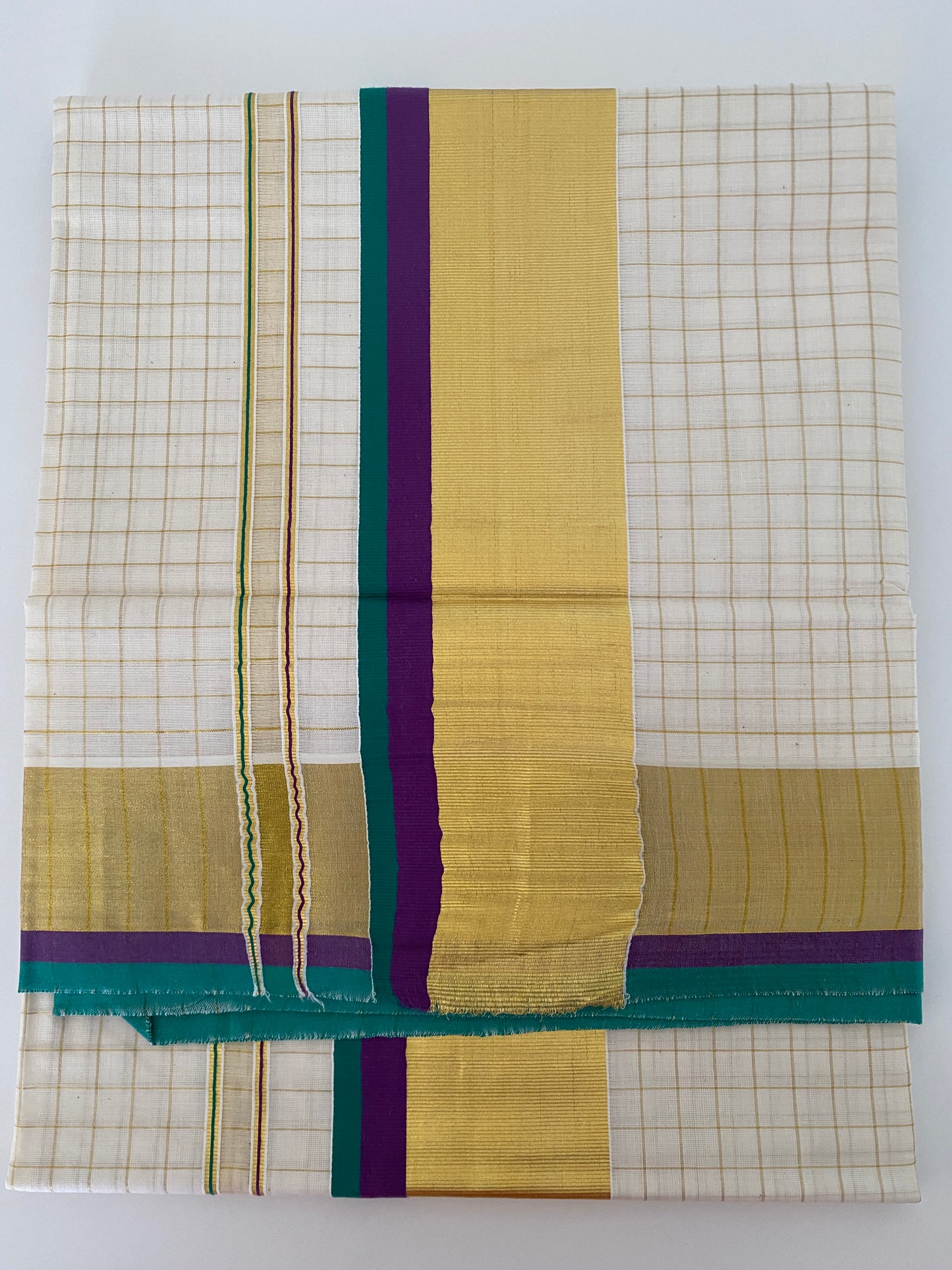 Kerala Onam Set Saree with Violet, Green, and Gold Border