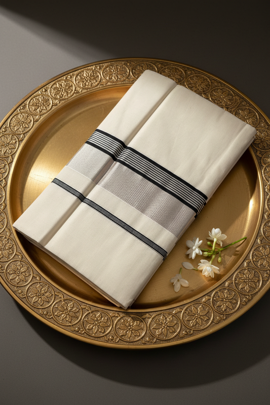 Kerala Set Saree in Silver and Black Lines | Onam Saree