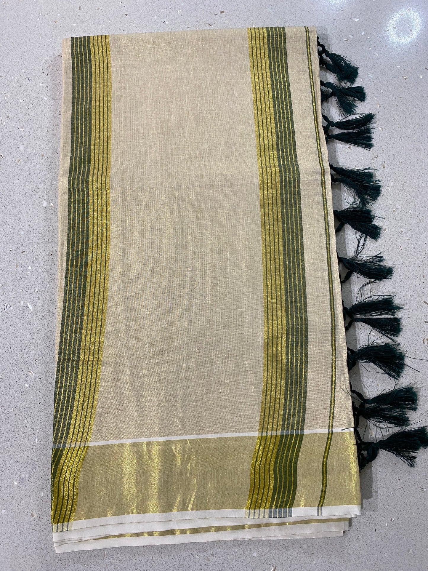 Set Saree Saree With Green Golden Stripes