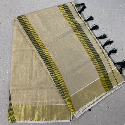 Set Saree Saree With Green Golden Stripes